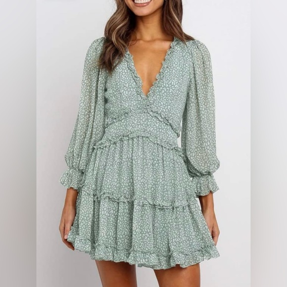 Fall Spring Deep V Neck Ruffle Long Sleeve Floral Print Mini Dress - Picture 9 of 9